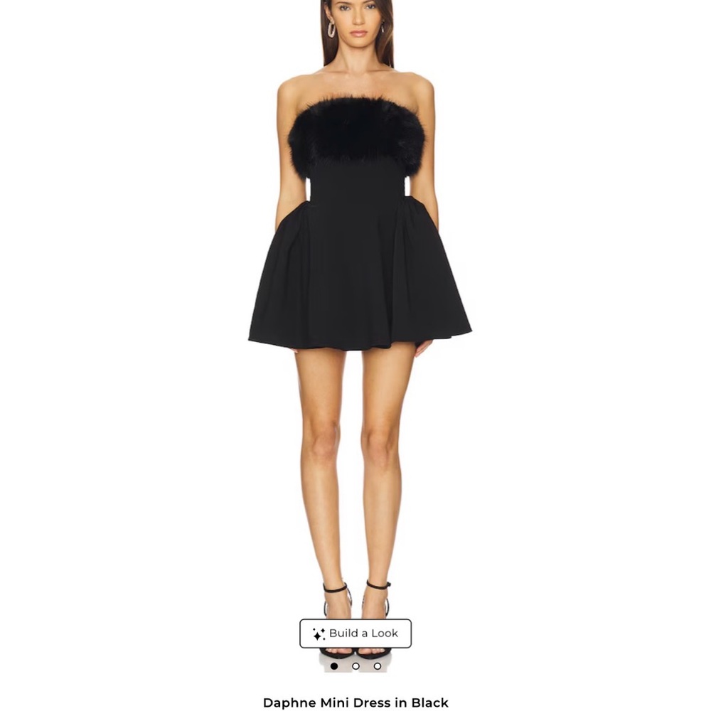 MAJORELLE Black Strapless Dress with Feather Detail